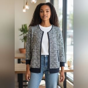 Geometric Knit Zip-Front Cardigan - Black & White